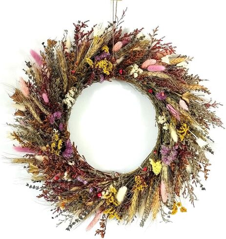 GHY ديكور ريفي طبيعة زهرة إكليل كبير 18 بوصة ديكور معلق على الحائط، ملون طبيعي مجفف لا تنساني لا لافندر قمح أرنب ذيل العشب ترحيب لنافذة الباب الأمامي للمزرعة (D6528_FBA) in Kuwait