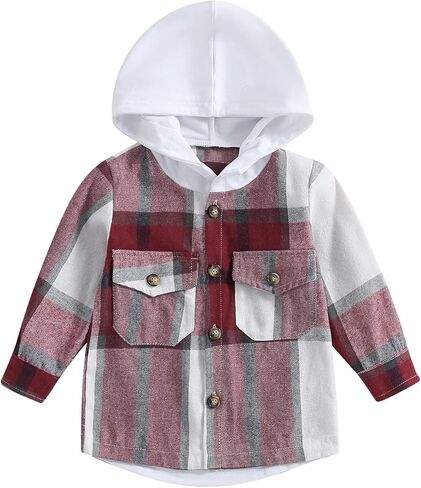 Toddler Baby Boy Plaid Shirt Button Down Flannel Hoodies Tops Fall Winter Outfits for Boys in Kuwait