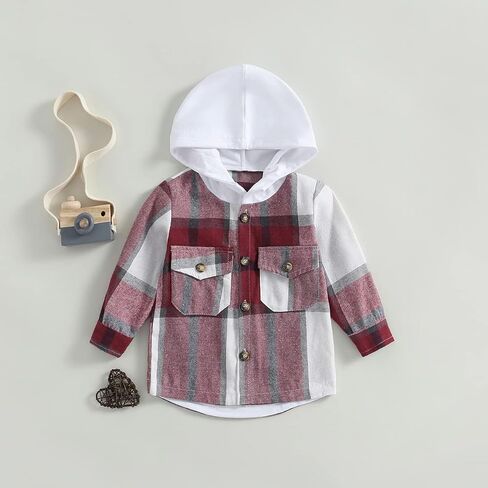 Toddler Baby Boy Plaid Shirt Button Down Flannel Hoodies Tops Fall Winter Outfits for Boys in Kuwait