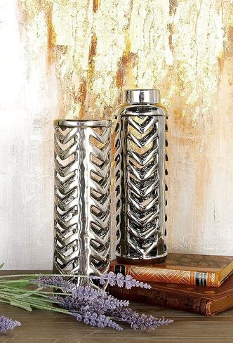 Deco 79 Ceramic Vase with Chevron Patterns, Set of 2 4"W, 11"H, Silver in Saudi Arabia