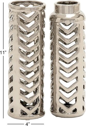 Deco 79 Ceramic Vase with Chevron Patterns, Set of 2 4"W, 11"H, Silver in Saudi Arabia