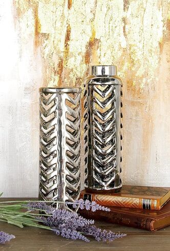 Deco 79 Ceramic Vase with Chevron Patterns, Set of 2 4"W, 11"H, Silver in Saudi Arabia