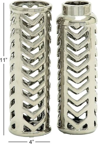 Deco 79 Ceramic Vase with Chevron Patterns, Set of 2 4"W, 11"H, Silver in Saudi Arabia