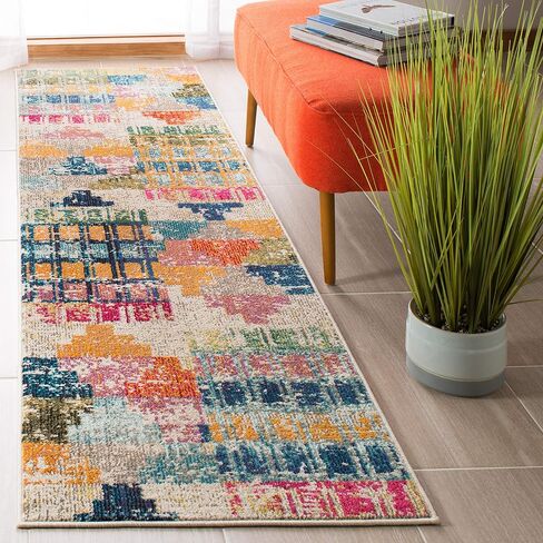 سجادة عداء من مجموعة Safavieh Madison - 2'2" x 14'، عاجي ومتعدد، تصميم بوهو تجريدي متعثر، لا يتساقط ويسهل العناية به، مثالي للمناطق ذات حركة المرور العالية في غرفة المعيشة وغرفة النوم (MAD417C) in Saudi Arabia