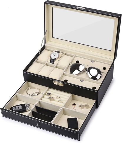 JS NOVA JUNS 6 slots watch box Jewelry Organizer Lockable Sunglass Display Case with Black Faux Leather in Kuwait