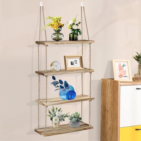 Betinyar Floating Shelves Wood, Boho 4 Tier Wall Shelf, Hanging Shelves, Window Plant Shelves, Shelves for Wall Storage, Plant Rope Shelves for Wall Decor, 4 Combinations (Retro) in Saudi Arabia