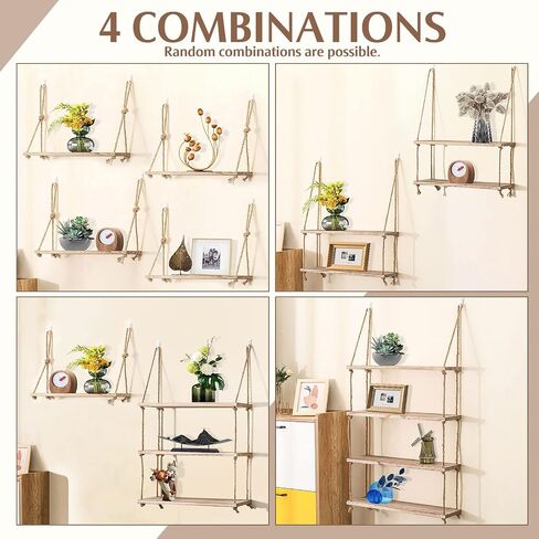 Betinyar Floating Shelves Wood, Boho 4 Tier Wall Shelf, Hanging Shelves, Window Plant Shelves, Shelves for Wall Storage, Plant Rope Shelves for Wall Decor, 4 Combinations (Retro) in Saudi Arabia