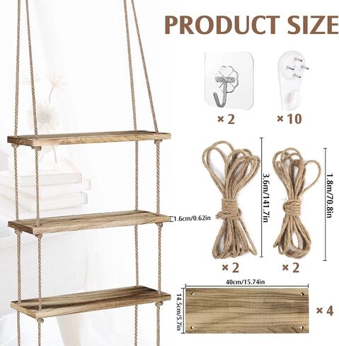 Betinyar Floating Shelves Wood, Boho 4 Tier Wall Shelf, Hanging Shelves, Window Plant Shelves, Shelves for Wall Storage, Plant Rope Shelves for Wall Decor, 4 Combinations (Retro) in Saudi Arabia