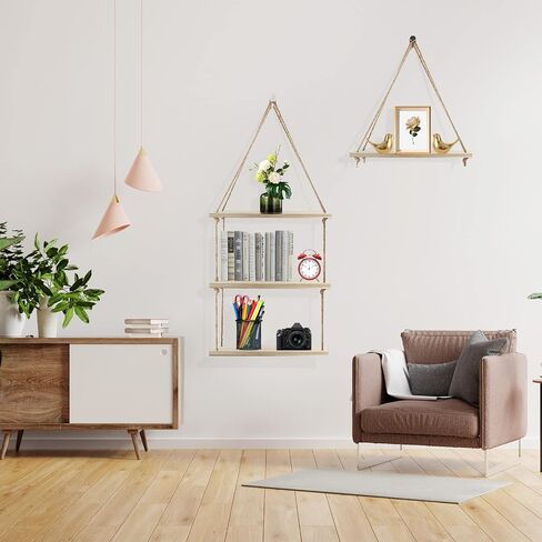 Betinyar Floating Shelves Wood, Boho 4 Tier Wall Shelf, Hanging Shelves, Window Plant Shelves, Shelves for Wall Storage, Plant Rope Shelves for Wall Decor, 4 Combinations (Retro) in Saudi Arabia