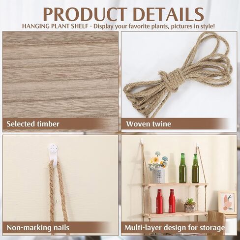 Betinyar Floating Shelves Wood, Boho 4 Tier Wall Shelf, Hanging Shelves, Window Plant Shelves, Shelves for Wall Storage, Plant Rope Shelves for Wall Decor, 4 Combinations (Retro) in Saudi Arabia