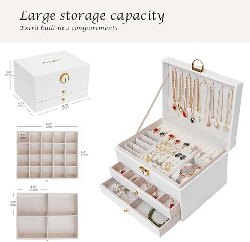 مانجوتري صندوق منظم مجوهرات للنساء/الفتيات، حافظة تخزين مجوهرات كبيرة من جلد البولي يوريثين من 3 طبقات، فكرة هدية، حامل مجوهرات قابل للقفل للخواتم والاقراط والساعات والقلائد والاساور (ابيض) in Kuwait