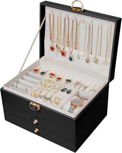 مانجوتري صندوق منظم مجوهرات للنساء/الفتيات، حافظة تخزين مجوهرات كبيرة من جلد البولي يوريثين من 3 طبقات، فكرة هدية، حامل مجوهرات قابل للقفل للخواتم والاقراط والساعات والقلائد والاساور (اسود) in Kuwait