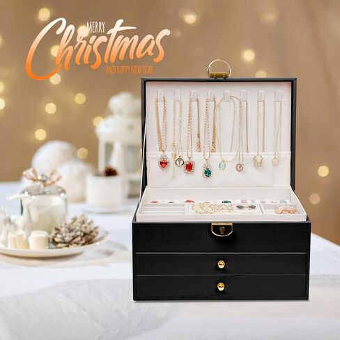 مانجوتري صندوق منظم مجوهرات للنساء/الفتيات، حافظة تخزين مجوهرات كبيرة من جلد البولي يوريثين من 3 طبقات، فكرة هدية، حامل مجوهرات قابل للقفل للخواتم والاقراط والساعات والقلائد والاساور (اسود) in Kuwait