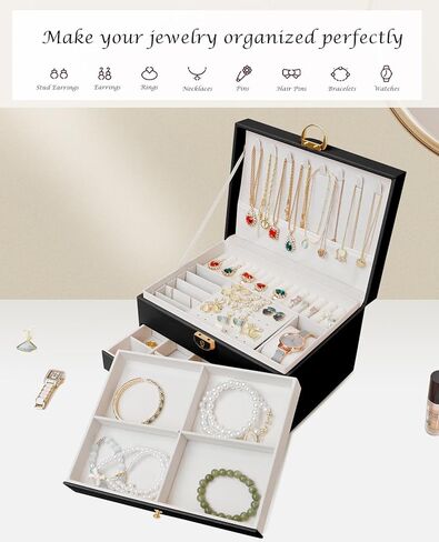 مانجوتري صندوق منظم مجوهرات للنساء/الفتيات، حافظة تخزين مجوهرات كبيرة من جلد البولي يوريثين من 3 طبقات، فكرة هدية، حامل مجوهرات قابل للقفل للخواتم والاقراط والساعات والقلائد والاساور (اسود) in Kuwait