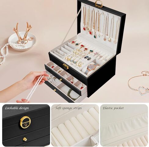 مانجوتري صندوق منظم مجوهرات للنساء/الفتيات، حافظة تخزين مجوهرات كبيرة من جلد البولي يوريثين من 3 طبقات، فكرة هدية، حامل مجوهرات قابل للقفل للخواتم والاقراط والساعات والقلائد والاساور (اسود) in Kuwait
