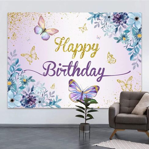 5x3ft فراشة عيد ميلاد سعيد خلفية الأرجواني فراشة القبلات وbday التمنيات الفراشات الأزرق الأزهار الذهب البقع الزهور خلفية التصوير الفوتوغرافي للأميرة فتاة الطرف الديكور راية كشك الصور in Kuwait