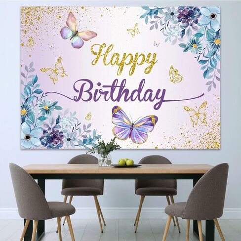 5x3ft فراشة عيد ميلاد سعيد خلفية الأرجواني فراشة القبلات وbday التمنيات الفراشات الأزرق الأزهار الذهب البقع الزهور خلفية التصوير الفوتوغرافي للأميرة فتاة الطرف الديكور راية كشك الصور in Kuwait