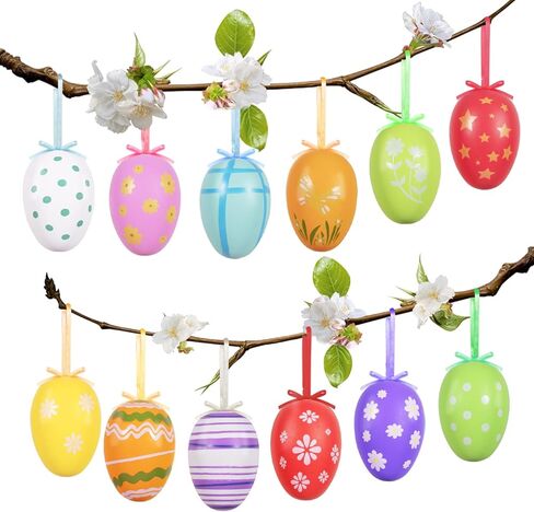 AhfuLife 12Pcs Easter Eggs Hanging Ornaments Decorations, Easter Plastic Eggs for Easter Tree, Easter Colorful Eggs Painted Eggs for Home Easter Party Decor in Kuwait