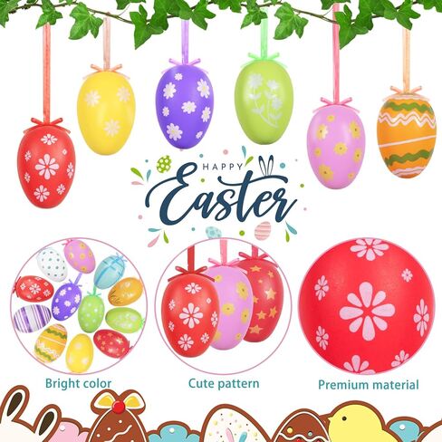 AhfuLife 12Pcs Easter Eggs Hanging Ornaments Decorations, Easter Plastic Eggs for Easter Tree, Easter Colorful Eggs Painted Eggs for Home Easter Party Decor in Kuwait