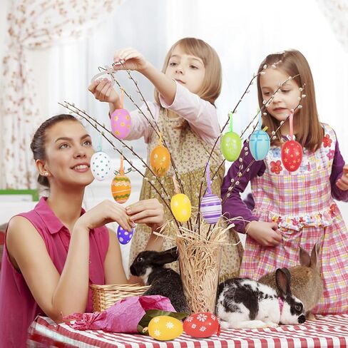 AhfuLife 12Pcs Easter Eggs Hanging Ornaments Decorations, Easter Plastic Eggs for Easter Tree, Easter Colorful Eggs Painted Eggs for Home Easter Party Decor in Kuwait