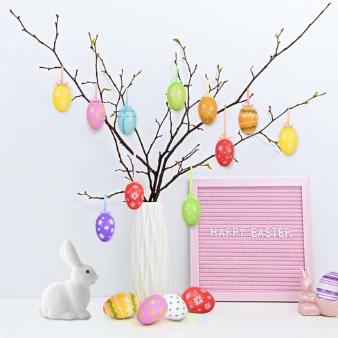 AhfuLife 12Pcs Easter Eggs Hanging Ornaments Decorations, Easter Plastic Eggs for Easter Tree, Easter Colorful Eggs Painted Eggs for Home Easter Party Decor in Kuwait