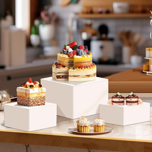 مجموعة رافعات بوفيه من 3 قطع من الاكريليك مع اغطية سفلية، صناديق اكريليك، مكعبات عرض متداخلة من الاكريليك 6 جوانب، مكعبات عرض اكريليك بيضاء، رافعات متداخلة لعرض الكيك ومقتنيات المجوهرات in Kuwait