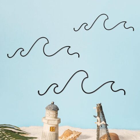 Fcimu Ocean Metal Wire Wall Decor - لوحة فنية جدارية أنيقة باللون الأسود لديكور المنزل تحت عنوان الشاطئ - مثالية لغرفة المعيشة وغرفة النوم والحمام - مثالية للديكورات الصيفية الساحلية وركوب الأمواج وشاطئ البحر in Kuwait