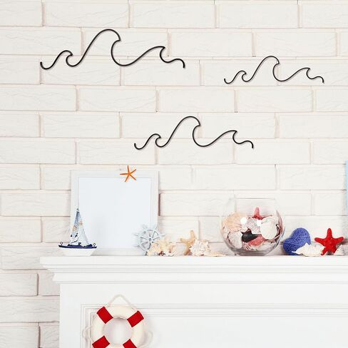 Fcimu Ocean Metal Wire Wall Decor - لوحة فنية جدارية أنيقة باللون الأسود لديكور المنزل تحت عنوان الشاطئ - مثالية لغرفة المعيشة وغرفة النوم والحمام - مثالية للديكورات الصيفية الساحلية وركوب الأمواج وشاطئ البحر in Kuwait