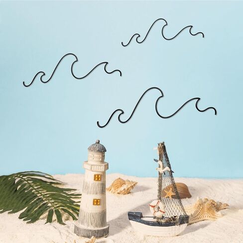 Fcimu Ocean Metal Wire Wall Decor - لوحة فنية جدارية أنيقة باللون الأسود لديكور المنزل تحت عنوان الشاطئ - مثالية لغرفة المعيشة وغرفة النوم والحمام - مثالية للديكورات الصيفية الساحلية وركوب الأمواج وشاطئ البحر in Kuwait