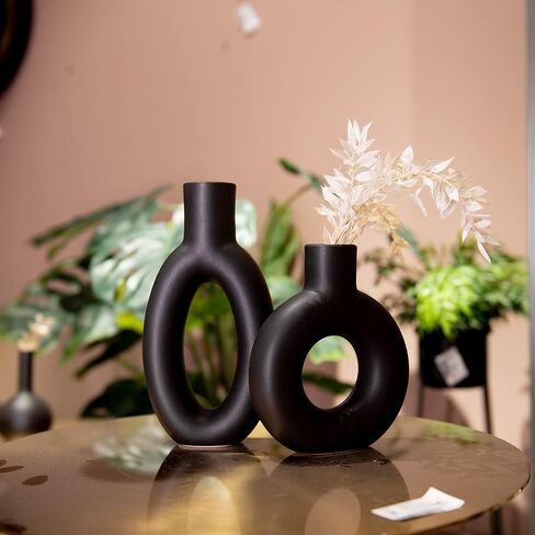 المزهريات الخزفية ديكور الجرف الجدول المركزية - ديكور الطاولة لغرفة المعيشة مزهرية بوهو، مزهرية زهرة بامباس مستديرة مجوفة غير لامعة، قطع مركزية للطاولة لغرفة الطعام Cynkeyee 4.5 × 2 × 8.5 بوصة in Kuwait