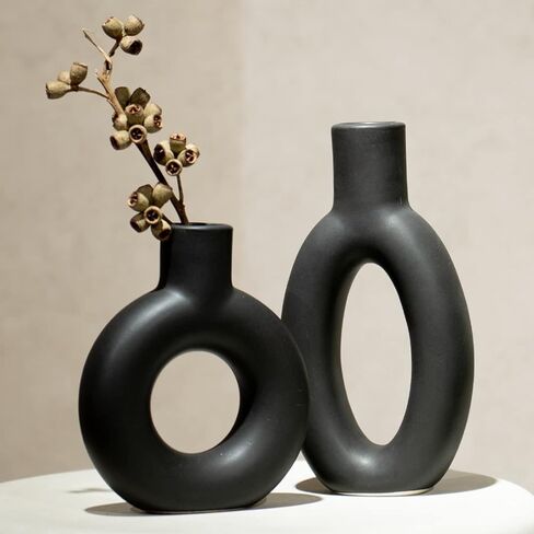 المزهريات الخزفية ديكور الجرف الجدول المركزية - ديكور الطاولة لغرفة المعيشة مزهرية بوهو، مزهرية زهرة بامباس مستديرة مجوفة غير لامعة، قطع مركزية للطاولة لغرفة الطعام Cynkeyee 4.5 × 2 × 8.5 بوصة in Kuwait