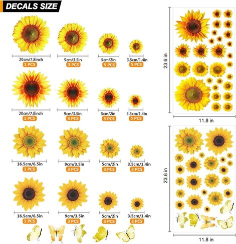 Sunflower Wall Sticker Removable Yellow Flowers Decal Waterproof 3D Floral Butterfly Wall Sticker DIY Decor for Kids Baby Bedroom Living Room Bathroom Nursery Decoration in Kuwait