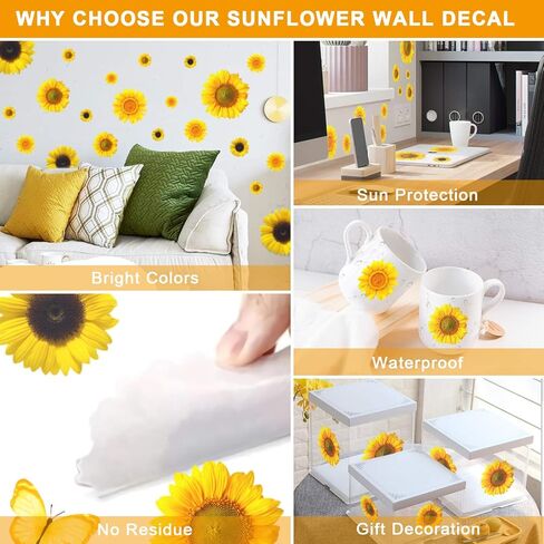 Sunflower Wall Sticker Removable Yellow Flowers Decal Waterproof 3D Floral Butterfly Wall Sticker DIY Decor for Kids Baby Bedroom Living Room Bathroom Nursery Decoration in Kuwait