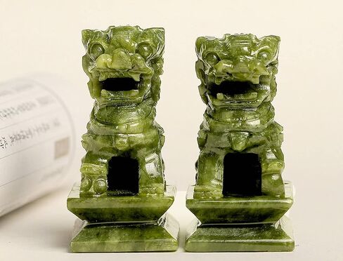 A Pair Natural Green Jade Carved Feng Shui Fu Foo Dog Guardion Door Lion (11" H x 6" L x 3.6" W (inch) 27lb) in Saudi Arabia