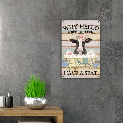 مضحك البقرة الحمام اقتباس معدن القصدير علامة جدار ديكور، مزرعة ريفي لماذا مرحبا الخدود الحلو لديها مقعد علامة الحمام لهدايا ديكور المنزل in Kuwait