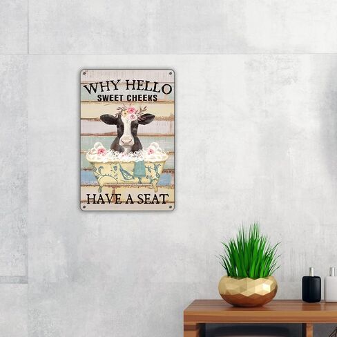 مضحك البقرة الحمام اقتباس معدن القصدير علامة جدار ديكور، مزرعة ريفي لماذا مرحبا الخدود الحلو لديها مقعد علامة الحمام لهدايا ديكور المنزل in Kuwait