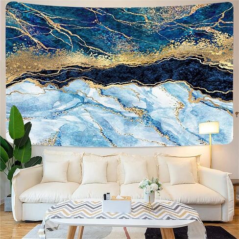 بساط حائط بتصميم رخامي تجريدي بلون ازرق كحلي مع تدفق سائل طبيعي وخطوط ذهبية وكريستال عصرية للتعليق على الحائط لغرفة النوم وغرفة المعيشة والسكن وديكور المنزل 71 انش × 63 انش in Kuwait
