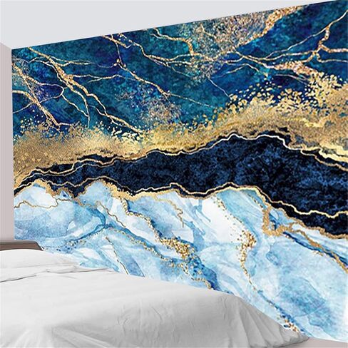 بساط حائط بتصميم رخامي تجريدي بلون ازرق كحلي مع تدفق سائل طبيعي وخطوط ذهبية وكريستال عصرية للتعليق على الحائط لغرفة النوم وغرفة المعيشة والسكن وديكور المنزل 71 انش × 63 انش in Kuwait