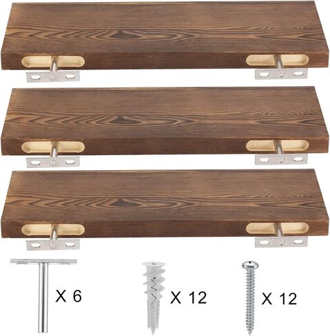 Kosiehouse Floating Shelves for Wall, Rustic Solid Pine Wood Wall Mounted Storage Shelves with Invisible Brackets, Set of 3 for Kitchen, Bathroom, Living Room in Saudi Arabia