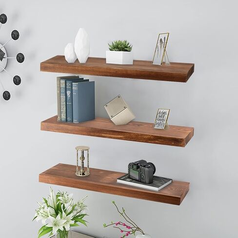 Kosiehouse Floating Shelves for Wall, Rustic Solid Pine Wood Wall Mounted Storage Shelves with Invisible Brackets, Set of 3 for Kitchen, Bathroom, Living Room in Saudi Arabia
