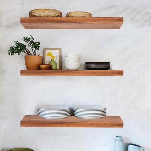 Kosiehouse Floating Shelves for Wall, Rustic Solid Pine Wood Wall Mounted Storage Shelves with Invisible Brackets, Set of 3 for Kitchen, Bathroom, Living Room in Saudi Arabia