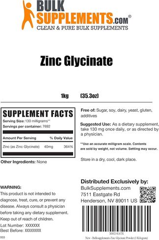 BulkSupplements.com Zinc Glycinate Powder - Zinc Supplement, Zinc 40mg, Zinc Glycinate Supplement for Immune Support - Gluten Free, 130mg per Serving, 500g (1.1 lbs) (Pack of 1) in Saudi Arabia