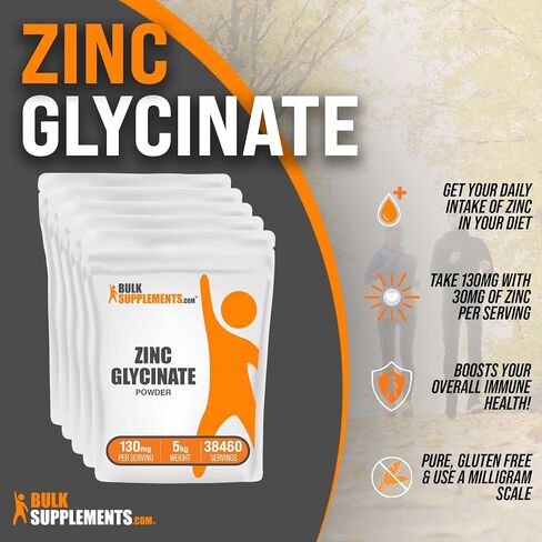 BulkSupplements.com Zinc Glycinate Powder - Zinc Supplement, Zinc 40mg, Zinc Glycinate Supplement for Immune Support - Gluten Free, 130mg per Serving, 500g (1.1 lbs) (Pack of 1) in Saudi Arabia