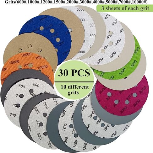 Rouswee 30 PCS 5 Inch 8 Hole #120-#5000 Sanding Discs 120/240/400/800/1000/1500/2000/2500/3000/5000 Grit Compatible for Random Orbital Sander Sanding Grinder (30 PCS 5 inch 8Hole #120-#5000) in Saudi Arabia