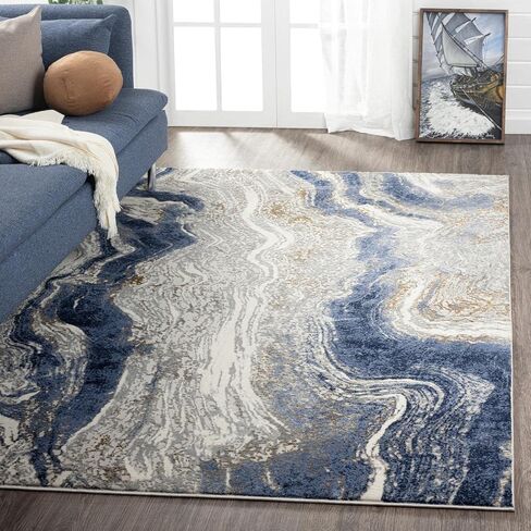 LUXE WEAVERS Marble Abstract Area Rug, Blue 2x7 in Saudi Arabia