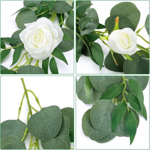 TELDRASSIL 3 عبوات من إكليل الأوكالبتوس الاصطناعي مع الزهور، وأوراق الأوكالبتوس الخضراء، وخضراء الدولار الفضي الصناعي مع زهور الورد لحفلات الزفاف والديكور الداخلي والخارجي in Kuwait