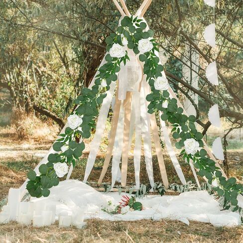 TELDRASSIL 3 عبوات من إكليل الأوكالبتوس الاصطناعي مع الزهور، وأوراق الأوكالبتوس الخضراء، وخضراء الدولار الفضي الصناعي مع زهور الورد لحفلات الزفاف والديكور الداخلي والخارجي in Kuwait