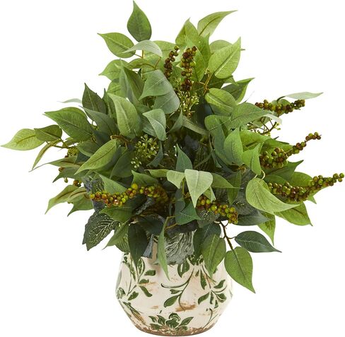Nearly Natural Mixed Ficus, Fittonia and Berries Artificial Floral Vase Silk Plants, Green in Saudi Arabia