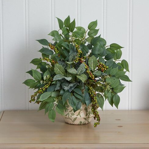 Nearly Natural Mixed Ficus, Fittonia and Berries Artificial Floral Vase Silk Plants, Green in Saudi Arabia