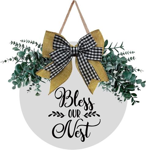 MayAvenue Bless Our Nest Wreaths Decor Sign Front Door, Round Wood Hanging Sign with Ribbon Bow and Artificial Green Leaves, Farmhouse Porch Decorations for Home Thanksgiving, White in Kuwait